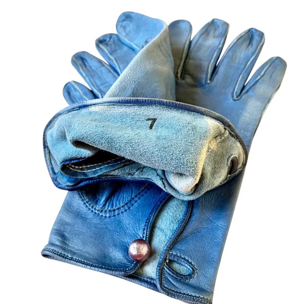 Vintage 70's Blue Leather Gloves Button Womens 7 DAMAGED